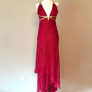 Bebe Goddess Maxi Gown - Magenta Red + Gold - S